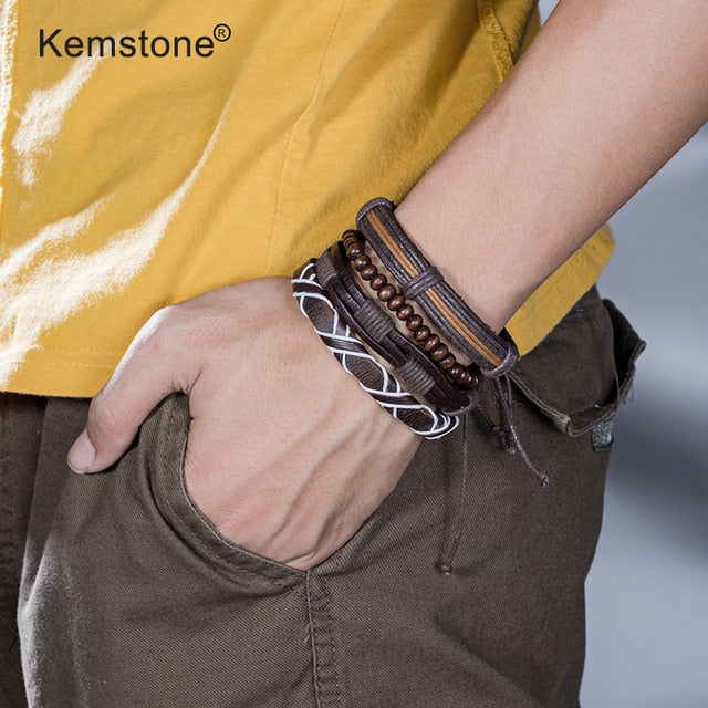 Kemstone Retro Multi-layer Brown Black Beads PU Leather Wrap Bracelets Jewelry Gift for Men