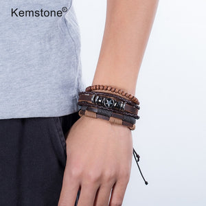 Kemstone Retro Multi-layer Brown Black Beads PU Leather Wrap Bracelets Jewelry Gift for Men