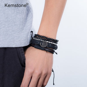 Kemstone Retro Multi-layer Brown Black Beads PU Leather Wrap Bracelets Jewelry Gift for Men