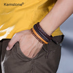 Kemstone Retro Multi-layer Brown Black Beads PU Leather Wrap Bracelets Jewelry Gift for Men