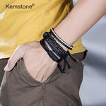 Kemstone Retro Multi-layer Brown Black Beads PU Leather Wrap Bracelets Jewelry Gift for Men