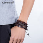 Kemstone Retro Multi-layer Brown Black Beads PU Leather Wrap Bracelets Jewelry Gift for Men