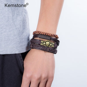 Kemstone Retro Multi-layer Brown Black Beads PU Leather Wrap Bracelets Jewelry Gift for Men