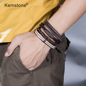 Kemstone Retro Multi-layer Brown Black Beads PU Leather Wrap Bracelets Jewelry Gift for Men