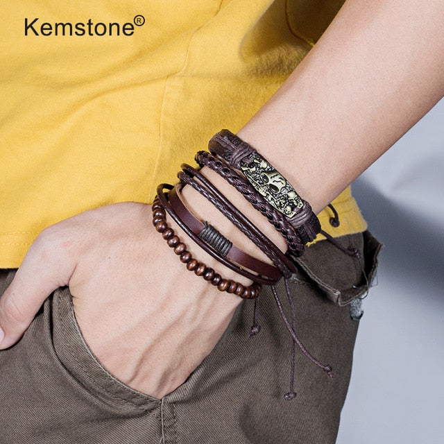 Kemstone Retro Multi-layer Brown Black Beads PU Leather Wrap Bracelets Jewelry Gift for Men