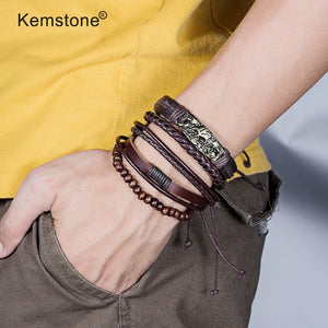 Kemstone Retro Multi-layer Brown Black Beads PU Leather Wrap Bracelets Jewelry Gift for Men