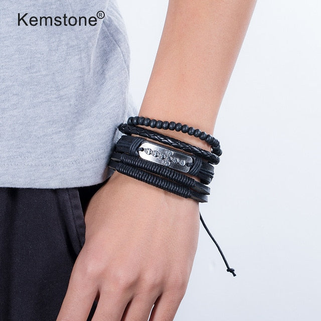 Kemstone Retro Multi-layer Brown Black Beads PU Leather Wrap Bracelets Jewelry Gift for Men