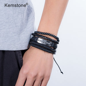 Kemstone Retro Multi-layer Brown Black Beads PU Leather Wrap Bracelets Jewelry Gift for Men