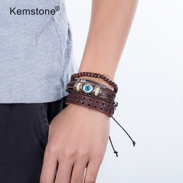 Kemstone Retro Multi-layer Brown Black Beads PU Leather Wrap Bracelets Jewelry Gift for Men