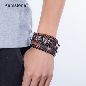 Kemstone Retro Multi-layer Brown Black Beads PU Leather Wrap Bracelets Jewelry Gift for Men