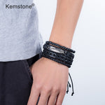 Kemstone Retro Multi-layer Brown Black Beads PU Leather Wrap Bracelets Jewelry Gift for Men