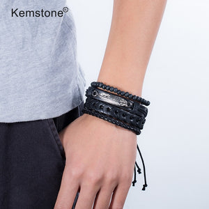Kemstone Retro Multi-layer Brown Black Beads PU Leather Wrap Bracelets Jewelry Gift for Men