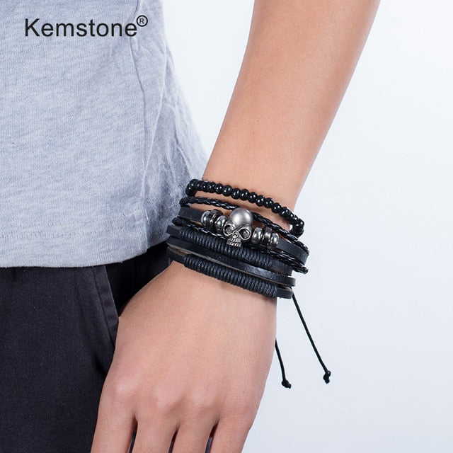 Kemstone Retro Multi-layer Brown Black Beads PU Leather Wrap Bracelets Jewelry Gift for Men