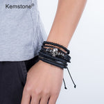 Kemstone Retro Multi-layer Brown Black Beads PU Leather Wrap Bracelets Jewelry Gift for Men