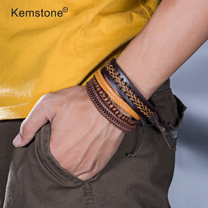 Kemstone Retro Multi-layer Brown Black Beads PU Leather Wrap Bracelets Jewelry Gift for Men