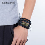 Kemstone Retro Multi-layer Brown Black Beads PU Leather Wrap Bracelets Jewelry Gift for Men