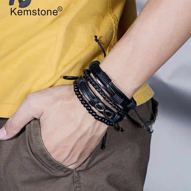 Kemstone Retro Multi-layer Brown Black Beads PU Leather Wrap Bracelets Jewelry Gift for Men