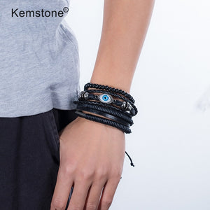 Kemstone Retro Multi-layer Brown Black Beads PU Leather Wrap Bracelets Jewelry Gift for Men
