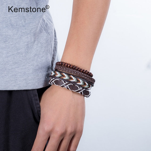 Kemstone Retro Multi-layer Brown Black Beads PU Leather Wrap Bracelets Jewelry Gift for Men