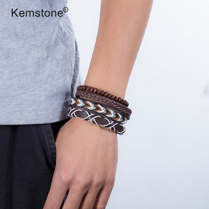 Kemstone Retro Multi-layer Brown Black Beads PU Leather Wrap Bracelets Jewelry Gift for Men
