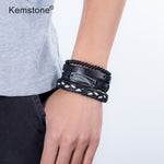 Kemstone Retro Multi-layer Brown Black Beads PU Leather Wrap Bracelets Jewelry Gift for Men