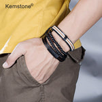 Kemstone Retro Multi-layer Brown Black Beads PU Leather Wrap Bracelets Jewelry Gift for Men