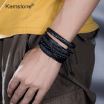 Kemstone Retro Multi-layer Brown Black Beads PU Leather Wrap Bracelets Jewelry Gift for Men