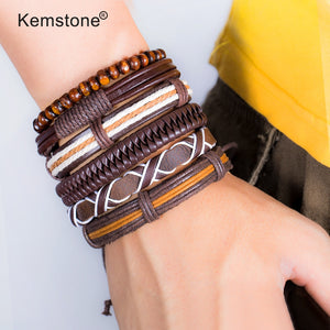 Kemstone Retro Multi-layer Brown Black Beads PU Leather Wrap Bracelets Jewelry Gift for Men