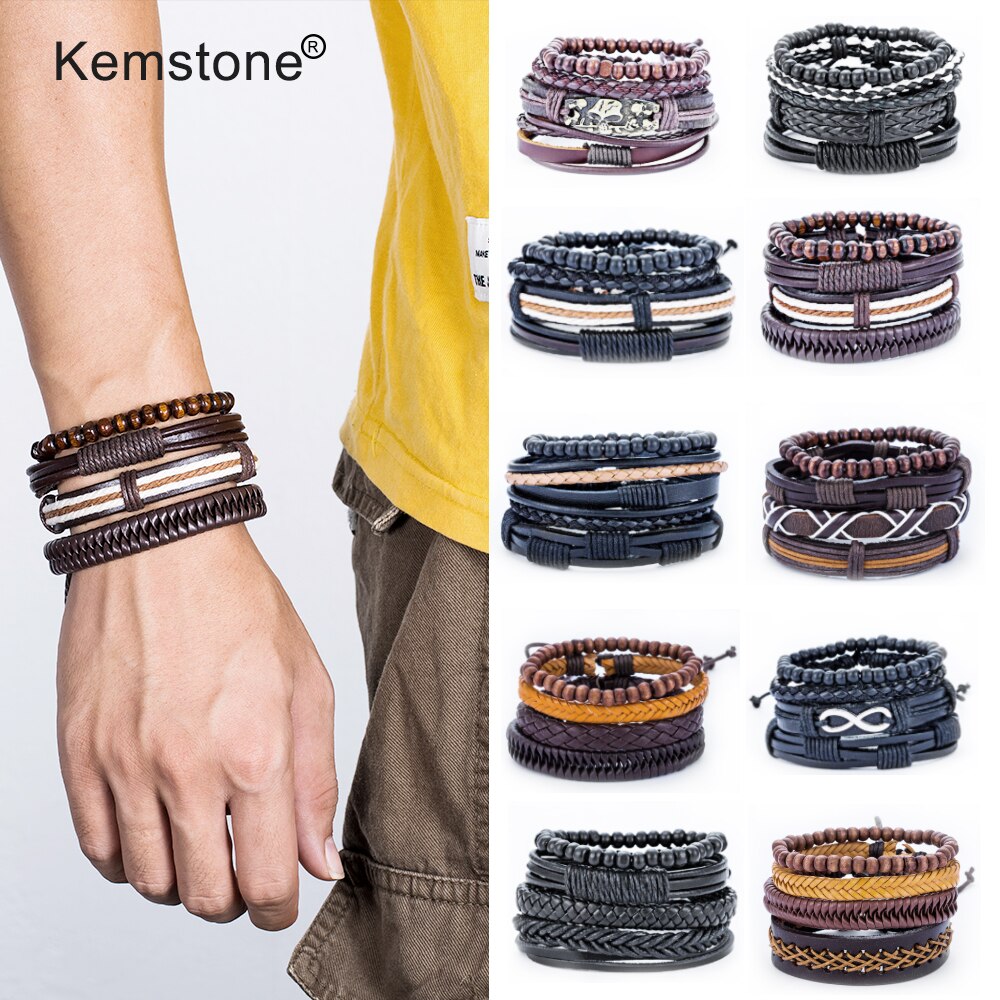 Kemstone Retro Multi-layer Brown Black Beads PU Leather Wrap Bracelets Jewelry Gift for Men