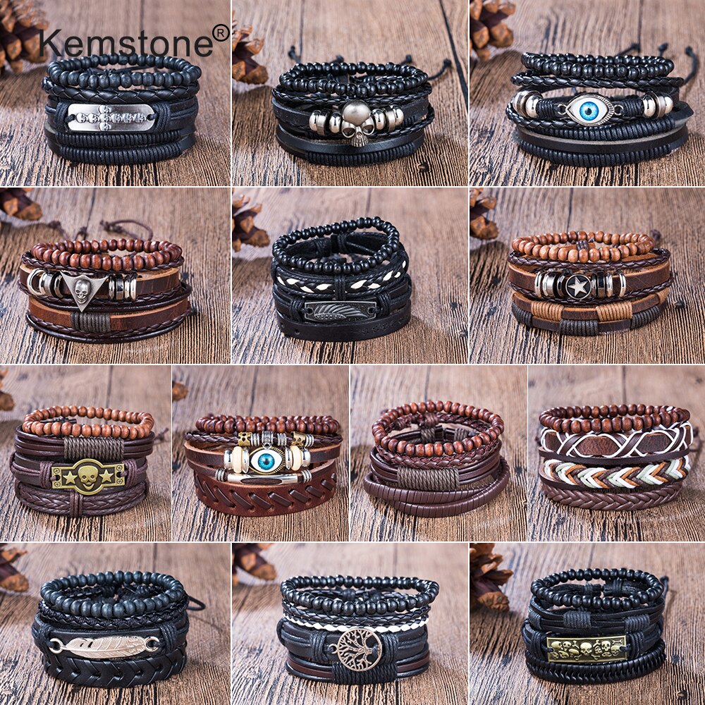 Kemstone Retro Multi-layer Brown Black Beads PU Leather Wrap Bracelets Jewelry Gift for Men
