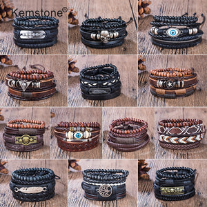 Kemstone Retro Multi-layer Brown Black Beads PU Leather Wrap Bracelets Jewelry Gift for Men