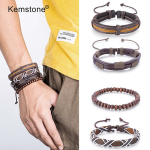 Kemstone Retro Multi-layer Brown Black Beads PU Leather Wrap Bracelets Jewelry Gift for Men