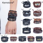 Kemstone Retro Multi-layer Brown Black Beads PU Leather Wrap Bracelets Jewelry Gift for Men