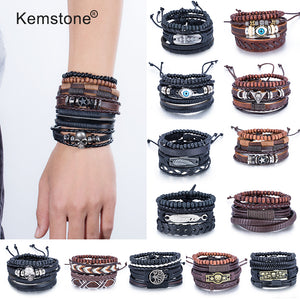 Kemstone Retro Multi-layer Brown Black Beads PU Leather Wrap Bracelets Jewelry Gift for Men